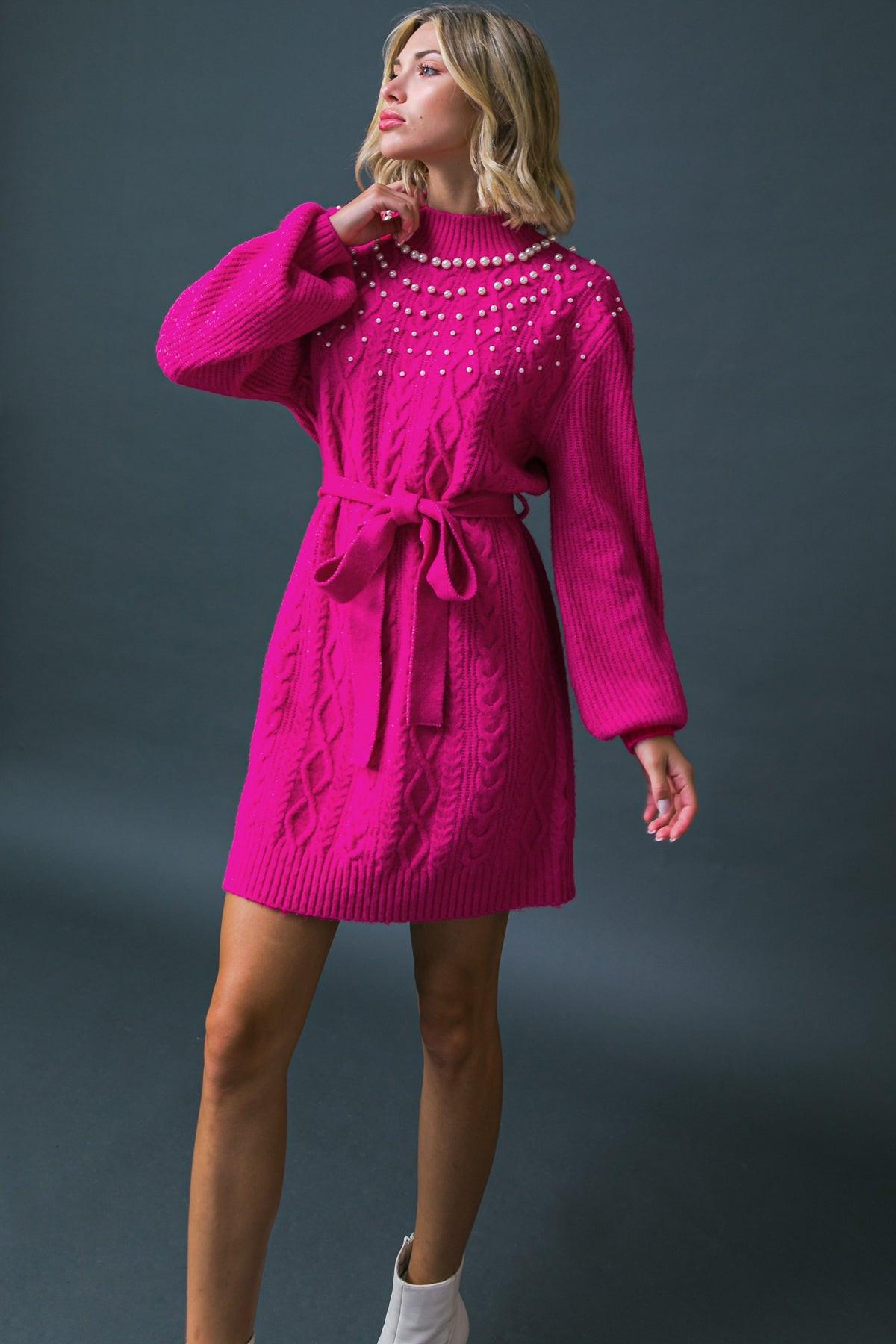 Bring The Vibes Sweater Mini Dress With Pearl Trim And Self Tie Sash Belt
