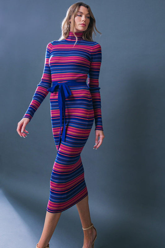 Noteworthy Shine Sweater Midi Dress With Turtle Neck And Belt