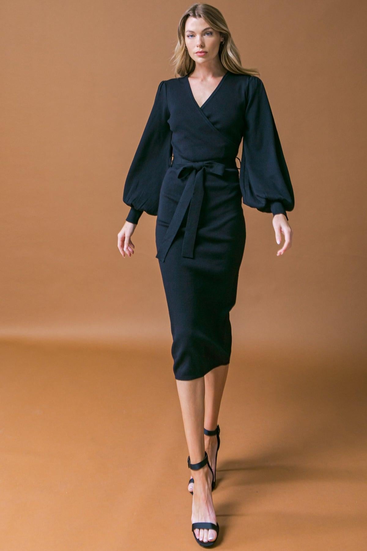 Adorable Ideal Sweater Midi Dress With Surplice Neckline Blouson Sleeves