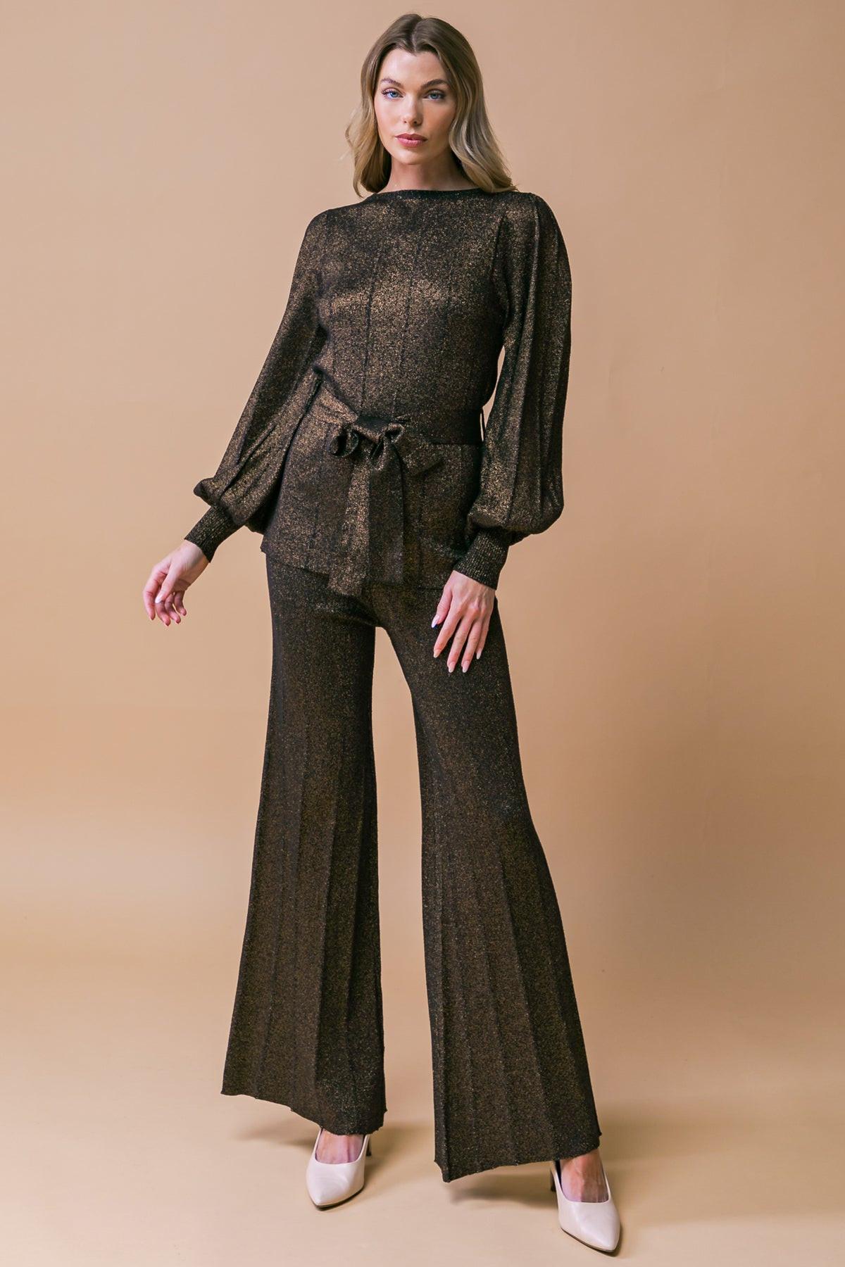 Stunning Stance Metallic Sweater Tunic and Wide Leg Pant Set