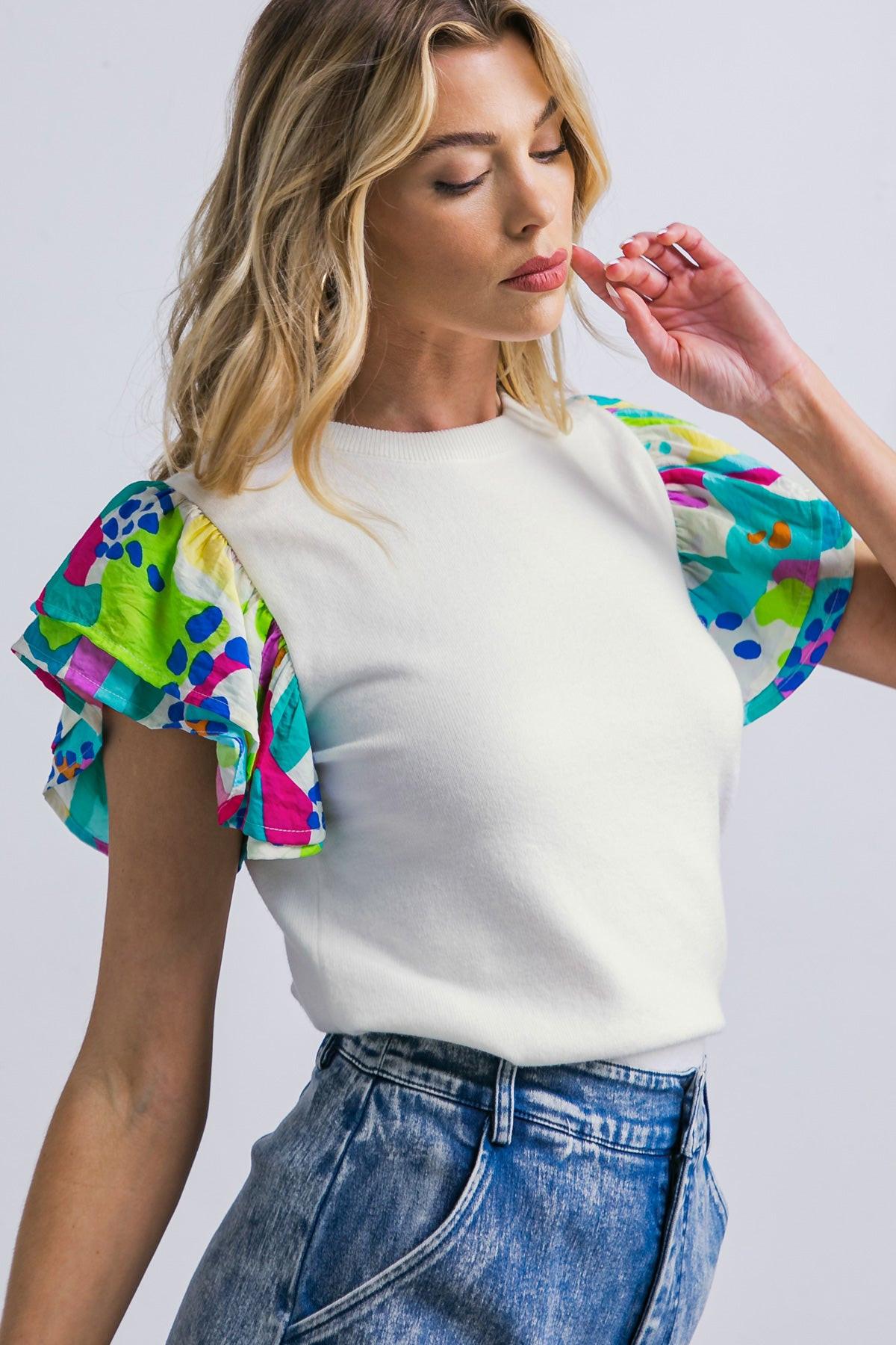 Glittery Glee Sweater Top With Round Neckline And Printed Ruffle Sleeves