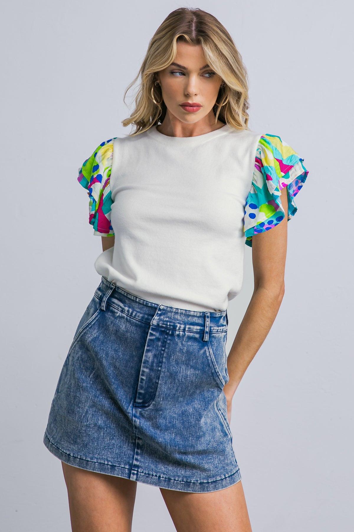 Glittery Glee Sweater Top With Round Neckline And Printed Ruffle Sleeves