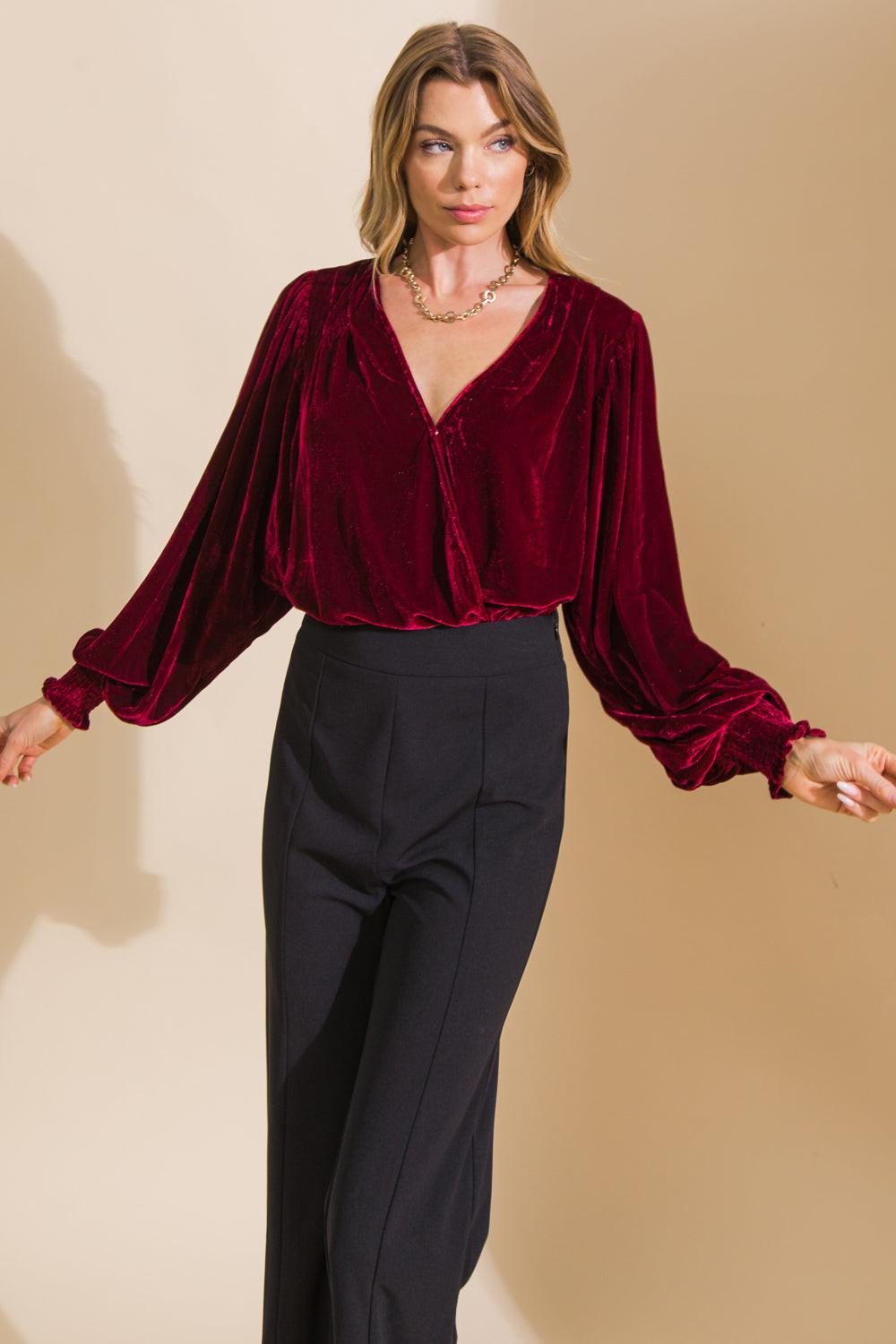 Like No Other Velvet Bodysuit With Surplice Neckline Mesh Bottom Snap Closure