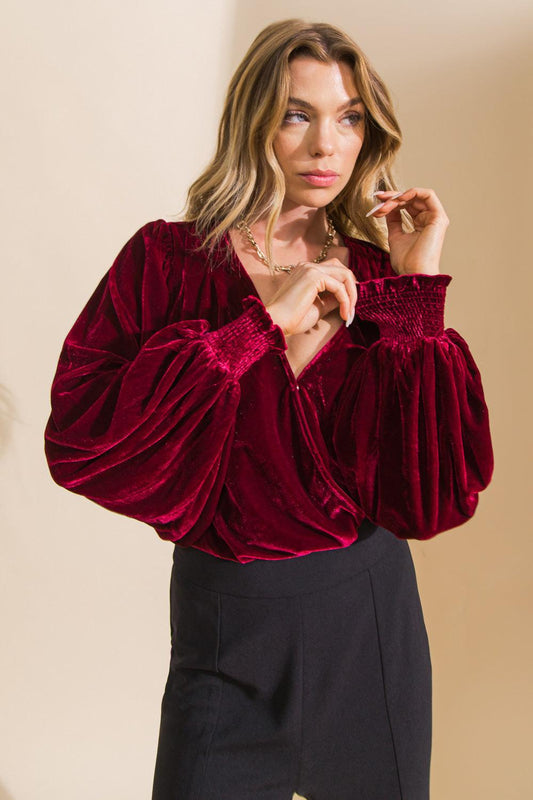 Like No Other Velvet Bodysuit With Surplice Neckline Mesh Bottom Snap Closure