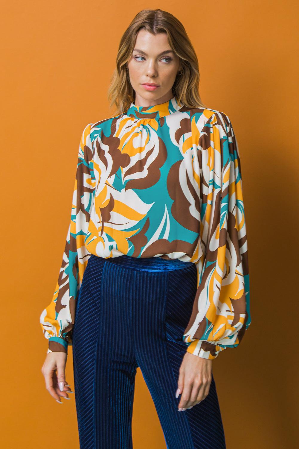 Dream On Printed Woven Top With Mock Neck And Exaggerated Sleeves