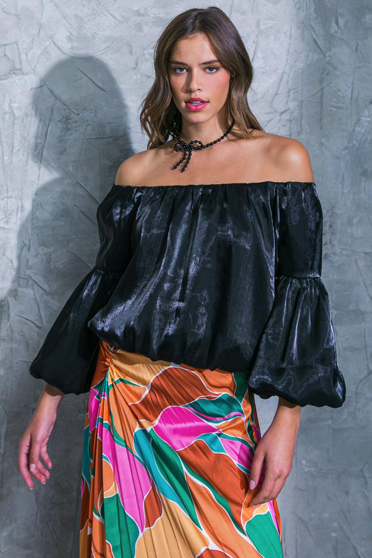 Simply Favored Woven Top Off On Neckline With Lantern Sleeves Elastic Waist