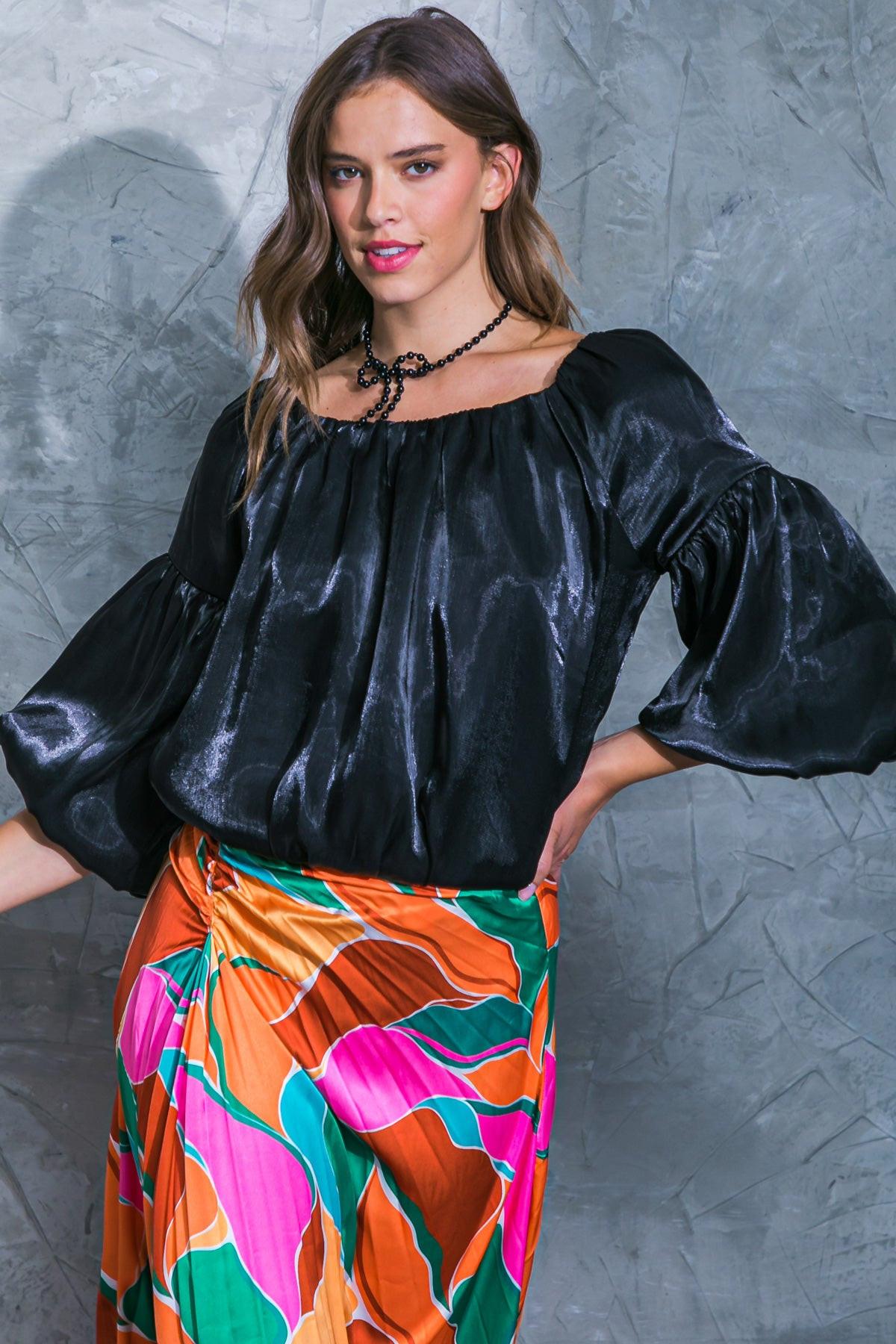 Simply Favored Woven Top Off On Neckline With Lantern Sleeves Elastic Waist