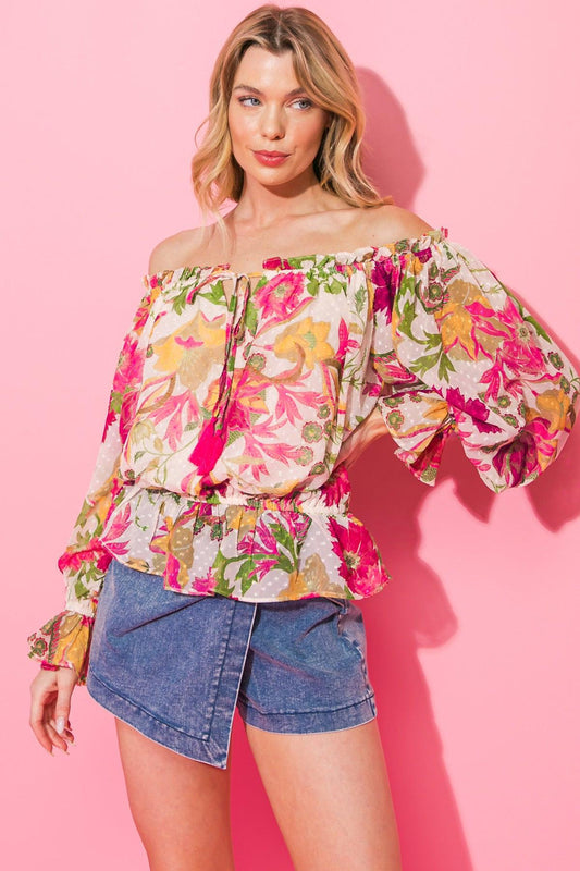 Sweetest Escape Woven Top Off Shoulder Ruffle Peplum