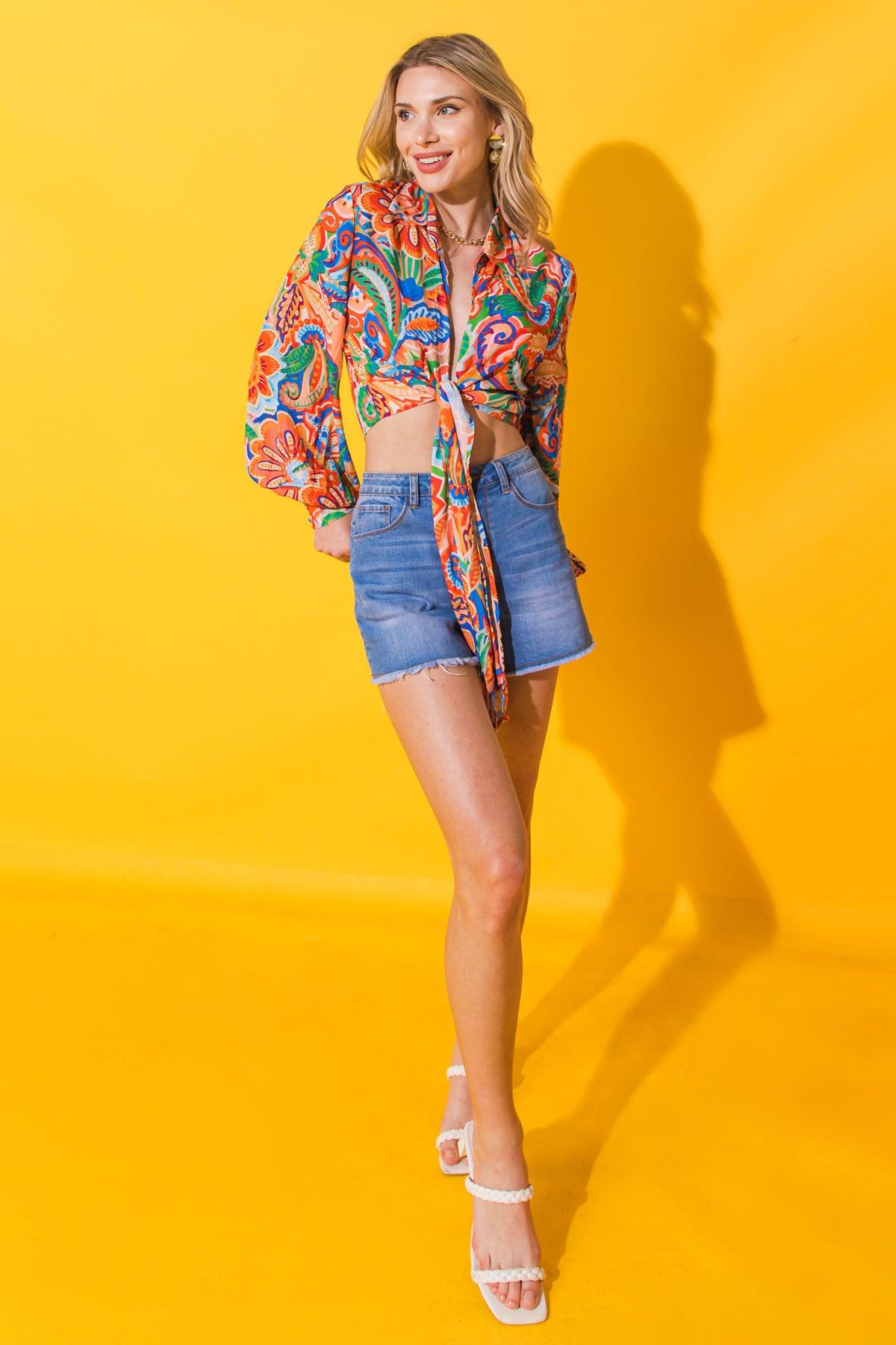 My Happy Place Printed Woven Top With Shirt Collar Front Tie