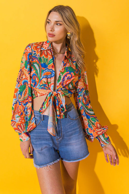 My Happy Place Printed Woven Top With Shirt Collar Front Tie