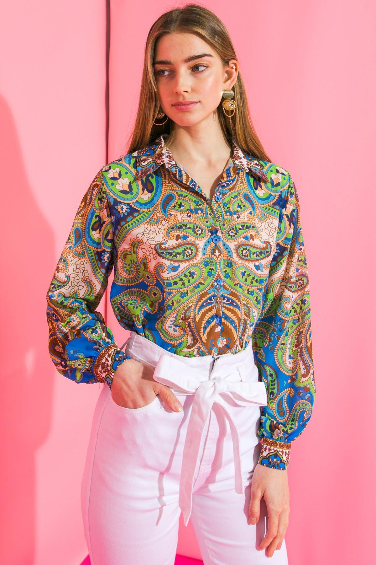 In A Good Place Woven Top Long Sleeve Shirt Collar Button Front Office Wear
