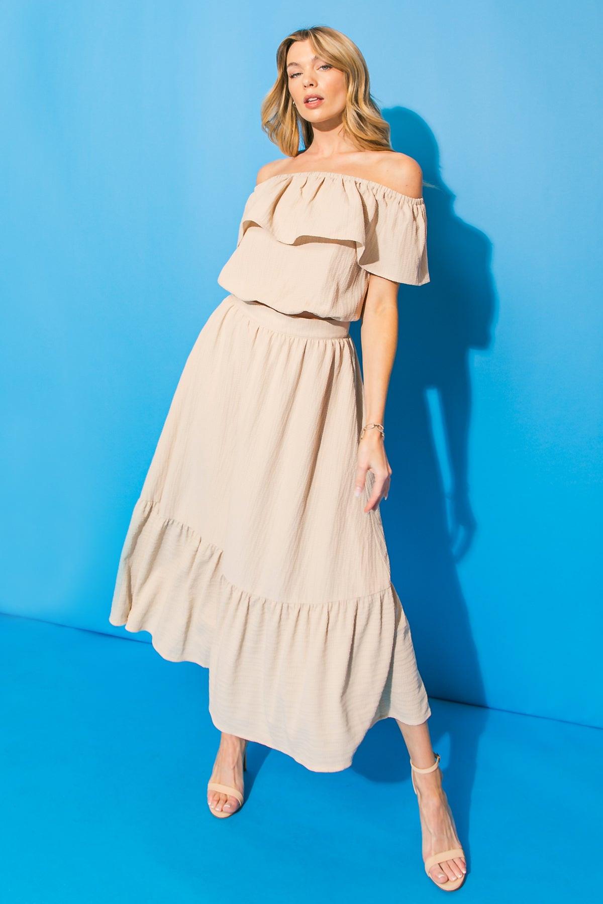 Lovely Mood Woven Textured Off Shoulder Top With Flounce And Elastic Waist