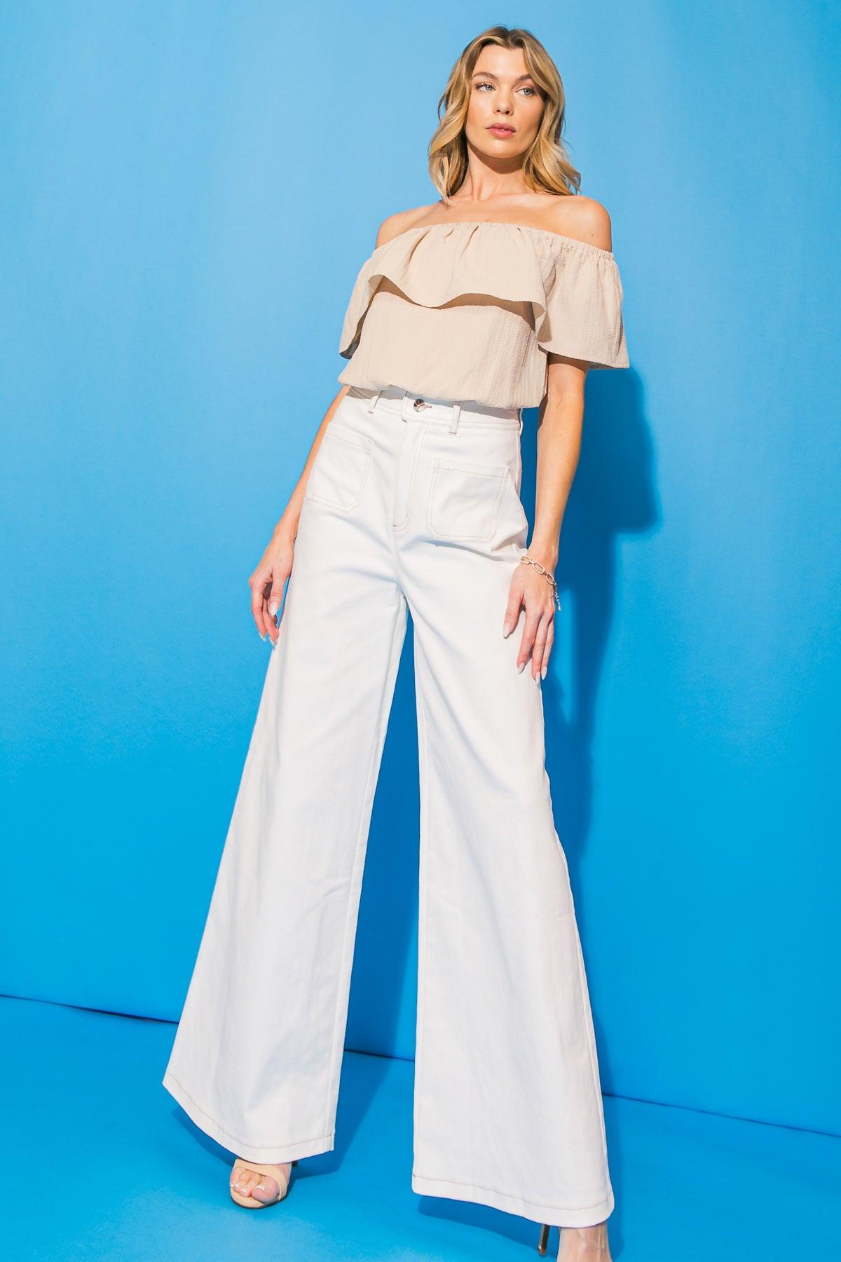 Lovely Mood Woven Textured Off Shoulder Top With Flounce And Elastic Waist