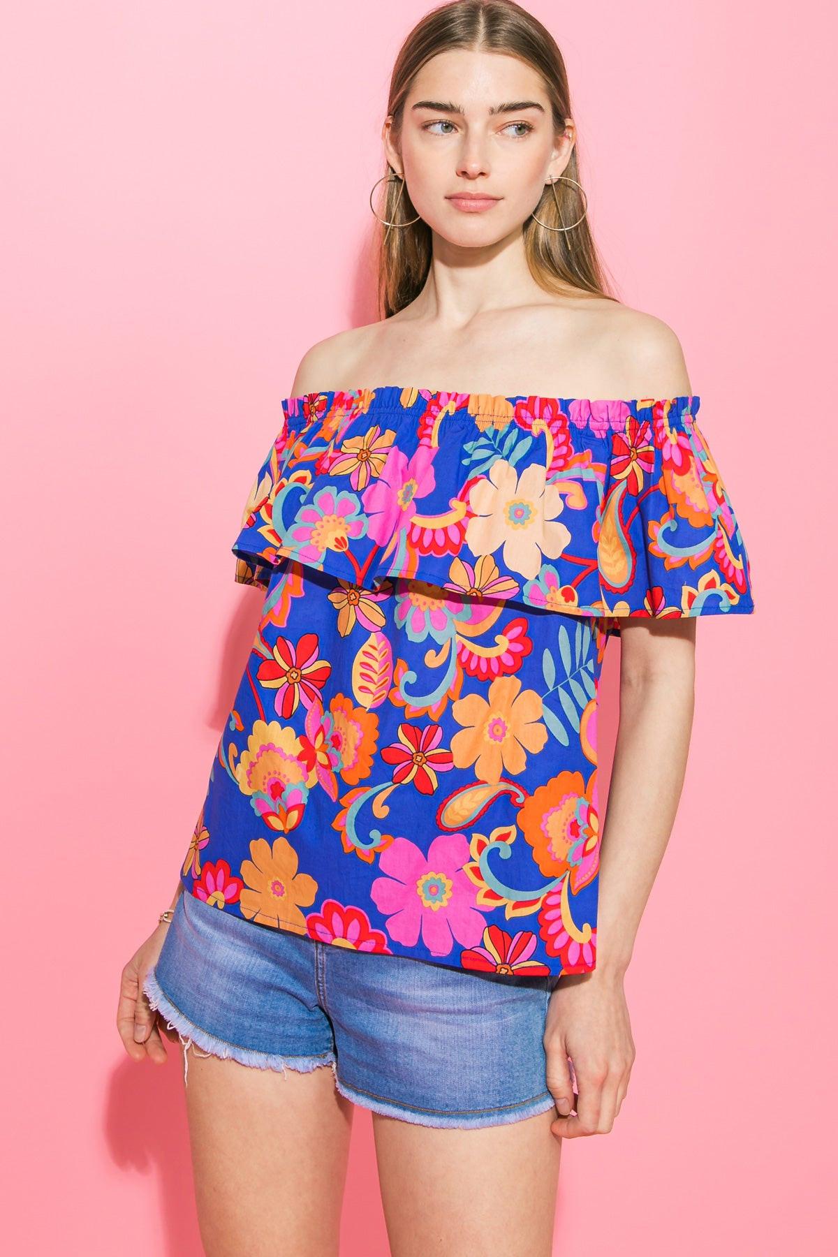 Printed Poplin Off Shoulder Cotton Top With Ruffled Edge