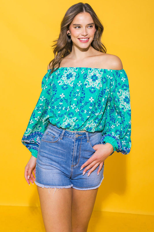 Send My Love Woven Top Off Shoulder Printed Peasant Sleeve Elastic Waist