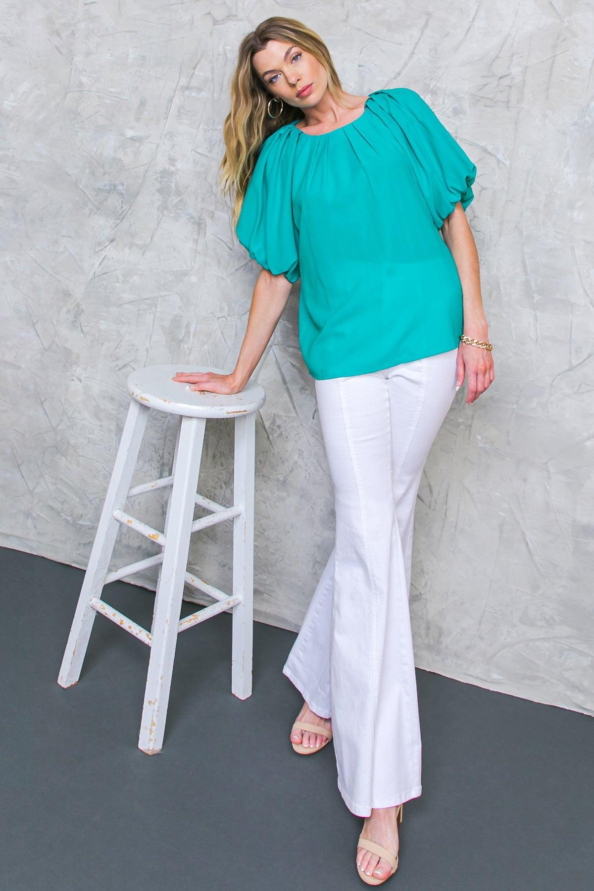 Loved Always Woven Top With Pleated Round Neck And Puff Sleeves