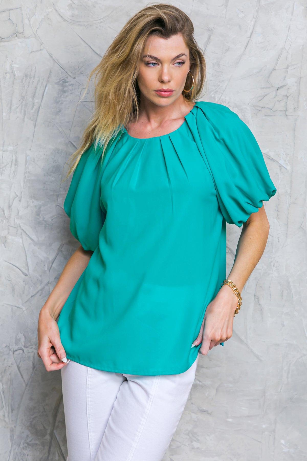 Loved Always Woven Top With Pleated Round Neck And Puff Sleeves