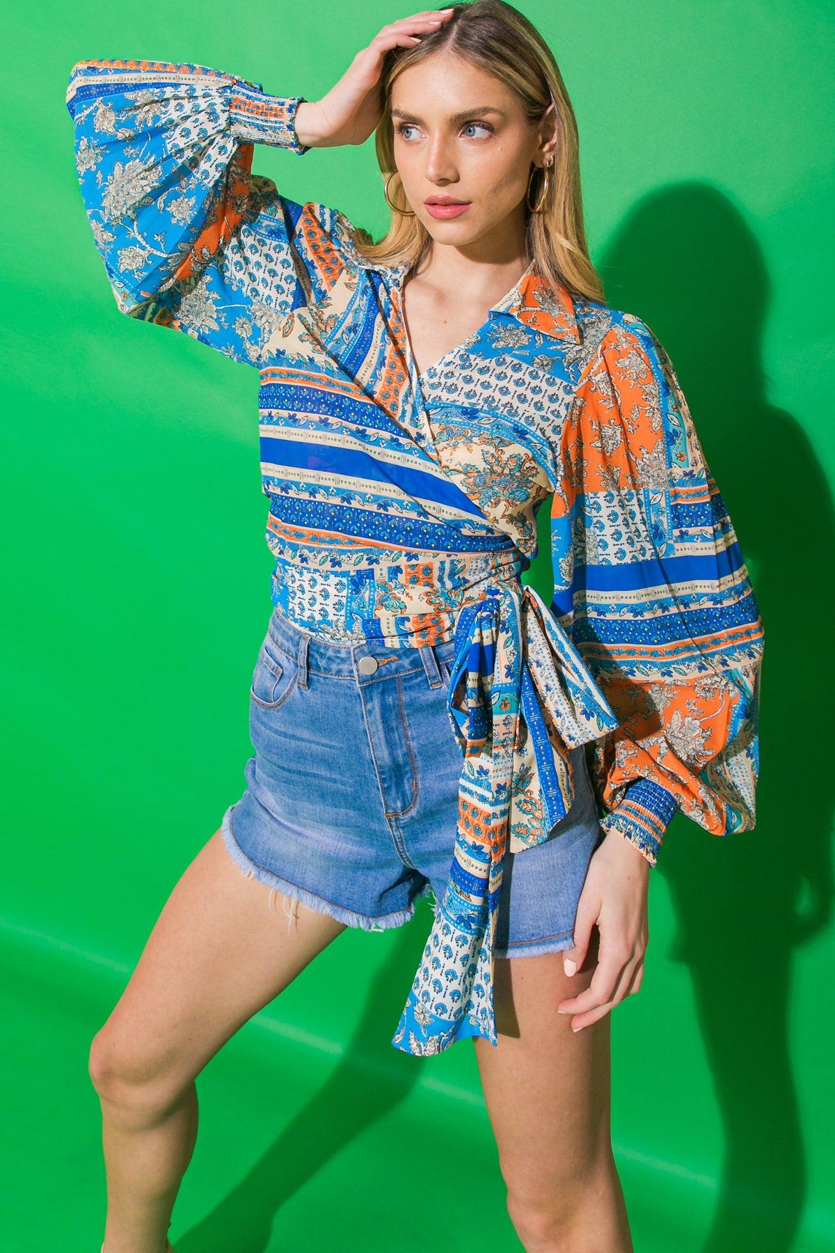 Lovely Fame Printed Woven Top Polyester With Shirt Collar And True Wrap