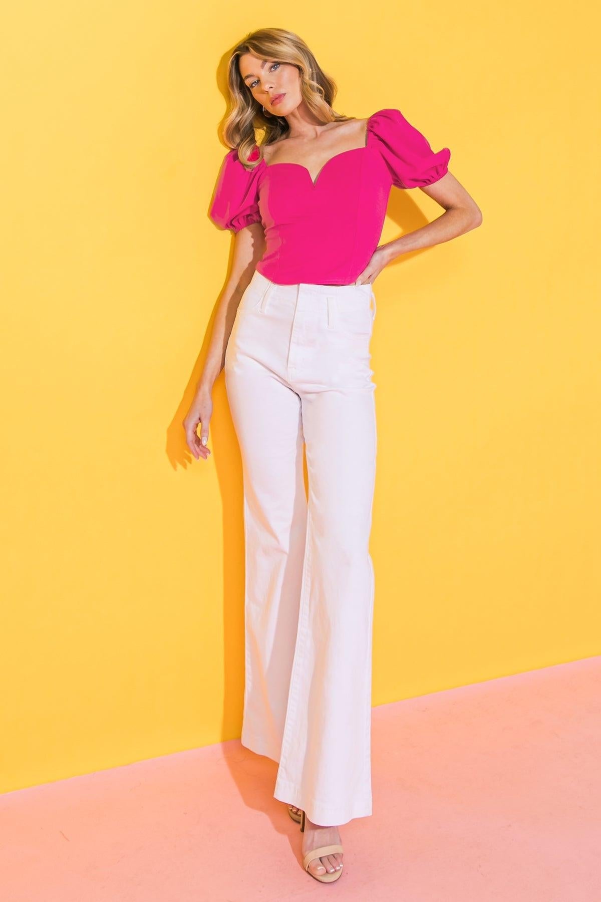 Rich Flex Woven Crop Top With Sweetheart Neckline Puff Sleeves Back Zipper