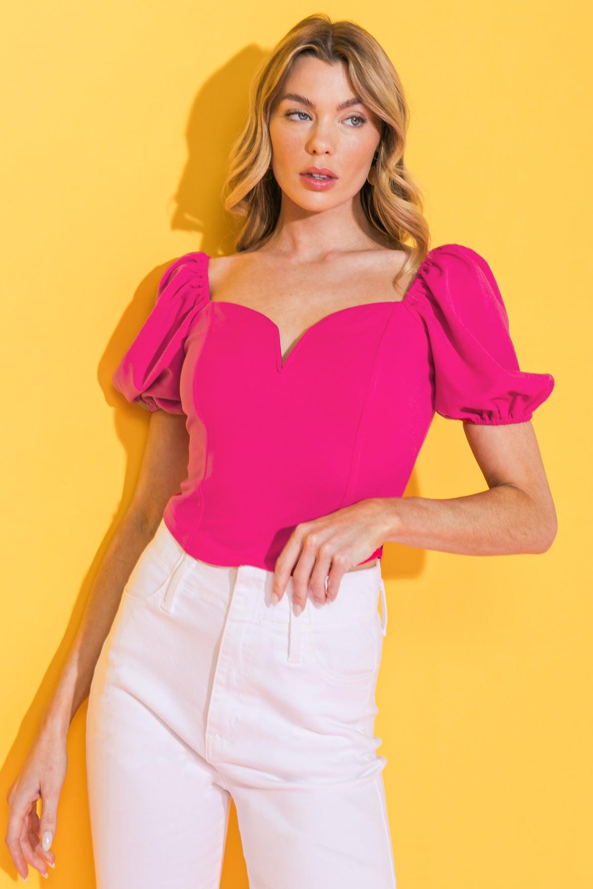 Rich Flex Woven Crop Top With Sweetheart Neckline Puff Sleeves Back Zipper