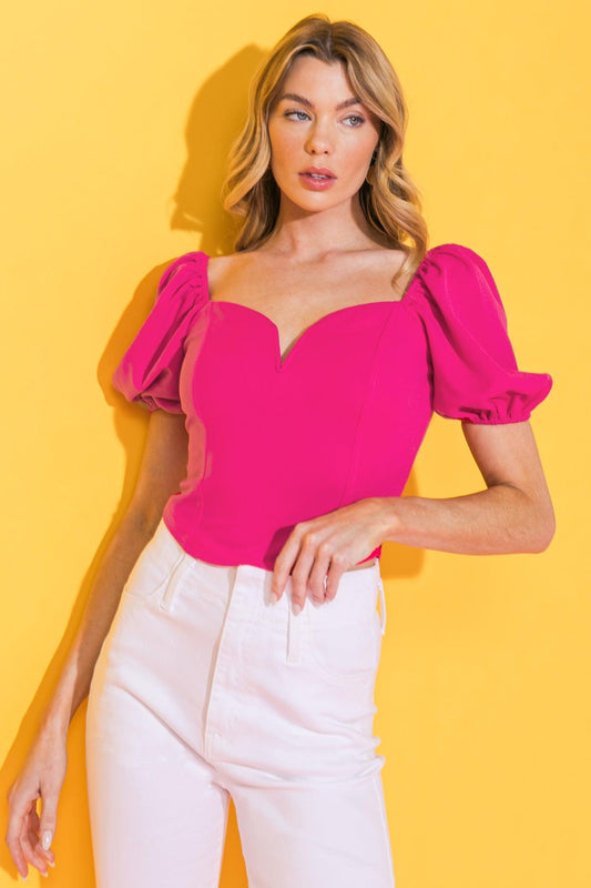 Rich Flex Woven Crop Top with Sweetheart Neckline Puff Sleeves Back Zipper in 20fuc16 — Soul Flow Apparel