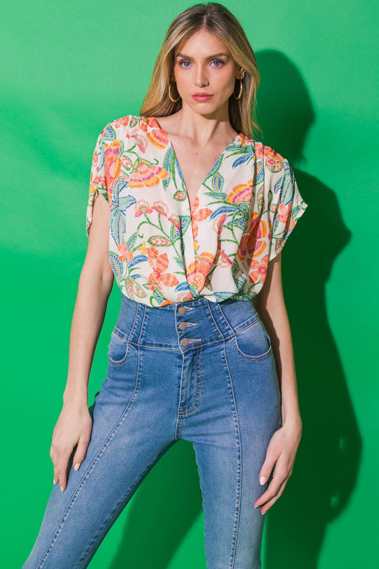 Got You On My Mind Woven Bodysuit Surplice Neckline Dolman Sleeves