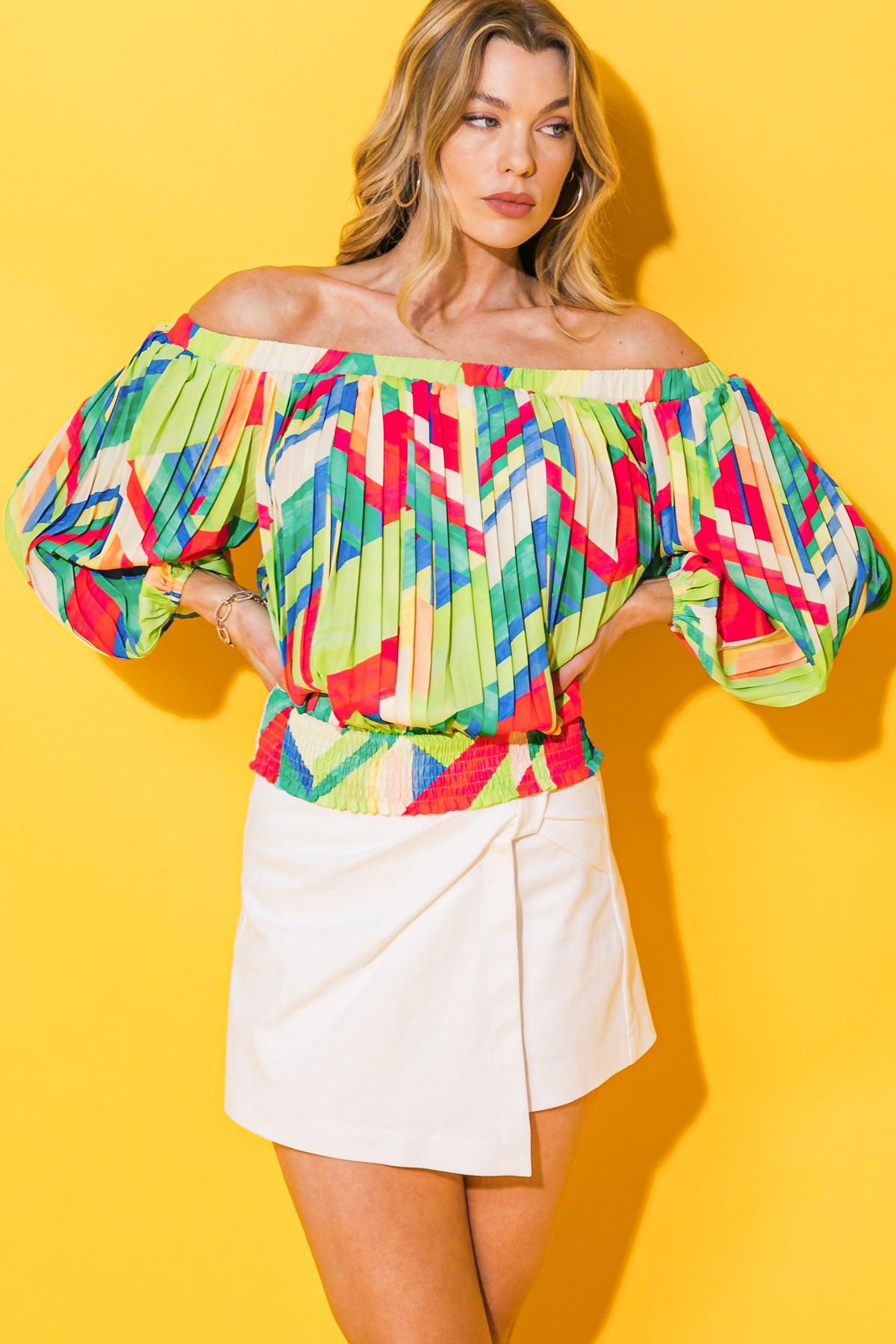 Printed Woven Top With Off Shoulder Neckline Pleated Body Smocked Waist