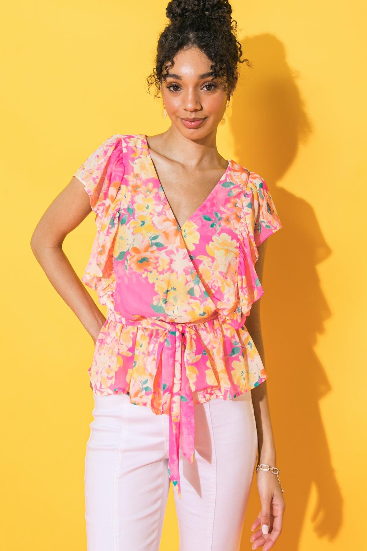Faded View Woven Top With Surplice Neckline And Peplum Flare