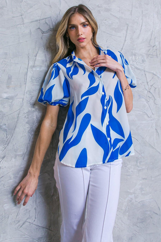 Major Crush Woven Top With Printed Design Shirt Collar And Short Puff Sleeves