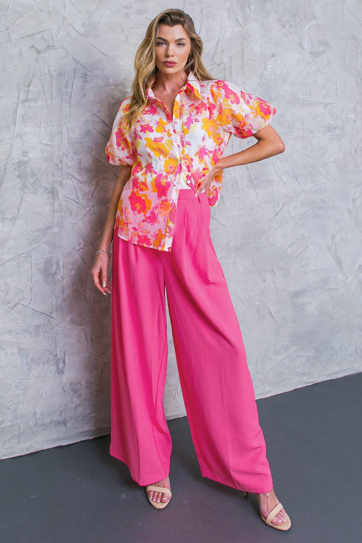 Effortless Outlook Woven Top With Shirt Collar Puff Sleeves Print Cami Included