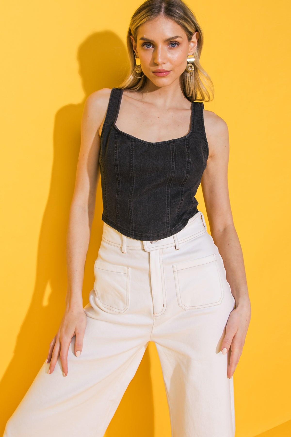 All Ahead Denim Crop Top With Straight Neckline And Adjustable Straps