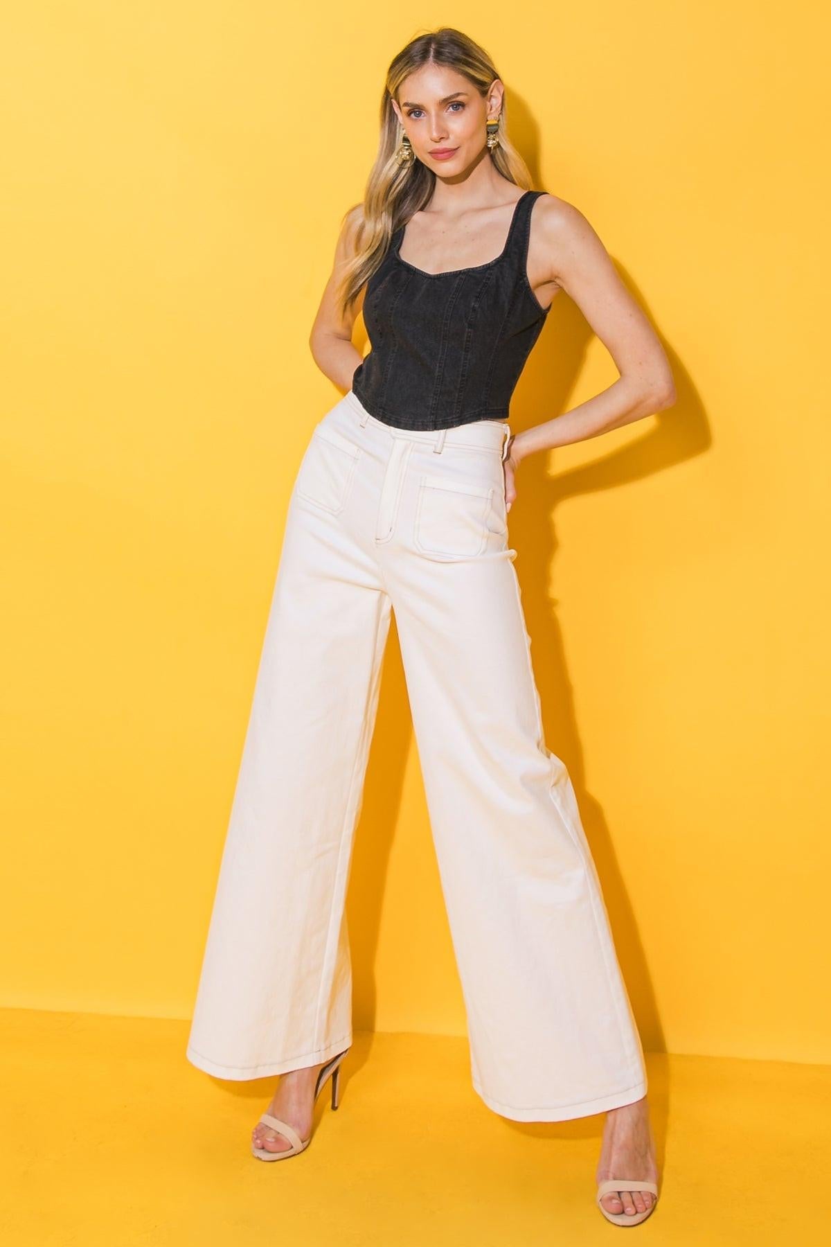 All Ahead Denim Crop Top With Straight Neckline And Adjustable Straps