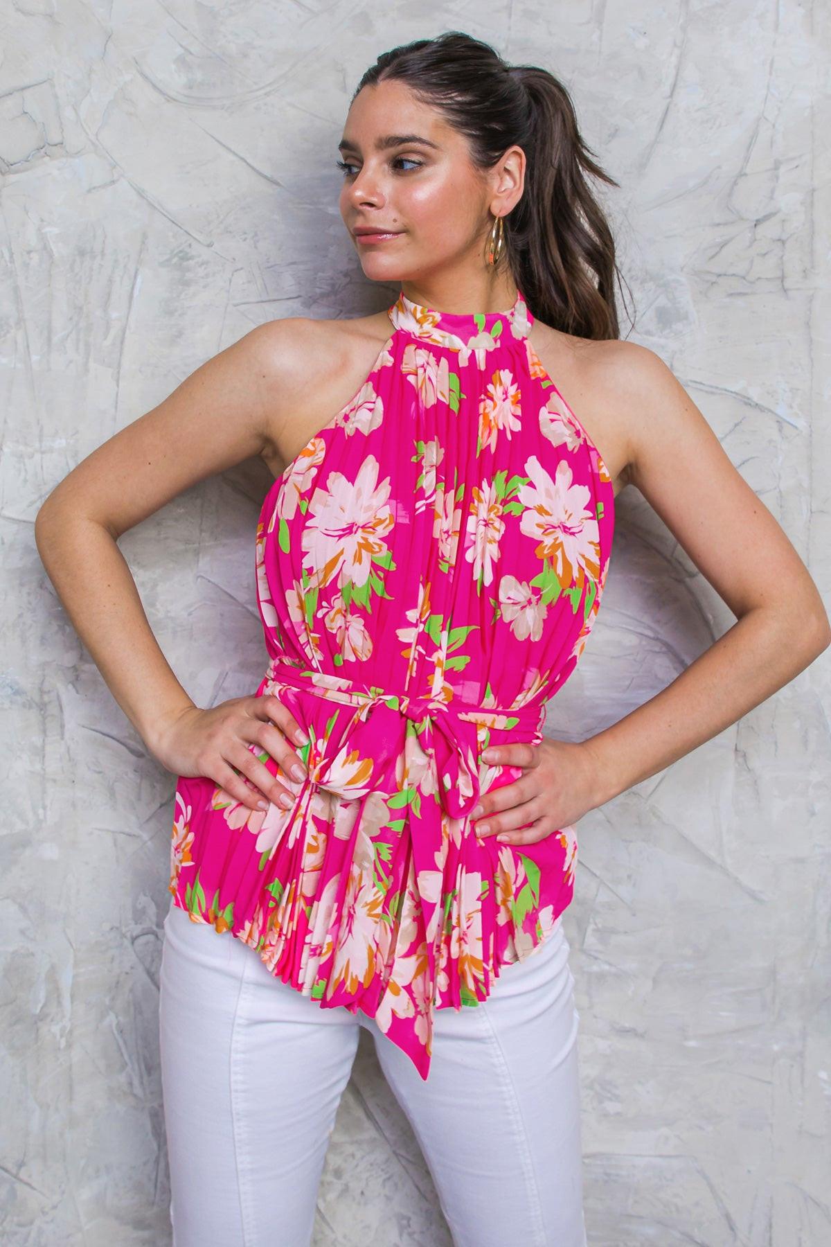 Closer To You Printed Woven Top Halter Neck With Self Tie Pleated