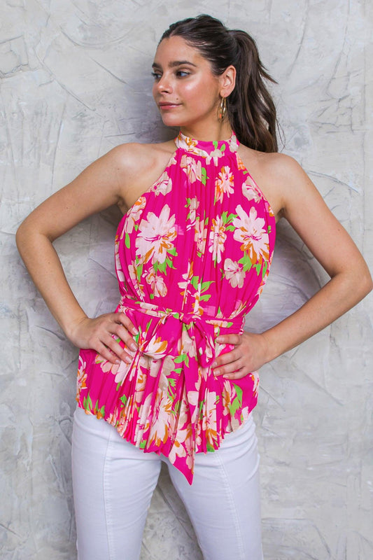 Closer To You Printed Woven Top Halter Neck With Self Tie Pleated