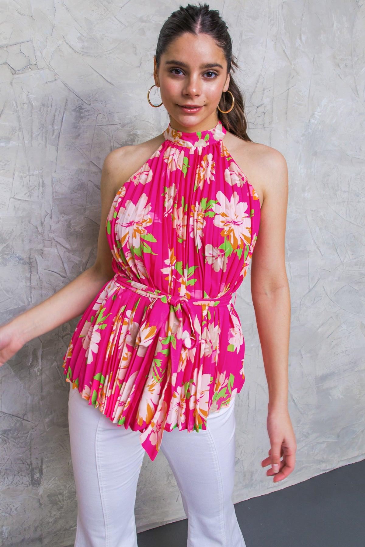 Closer To You Printed Woven Top Halter Neck With Self Tie Pleated