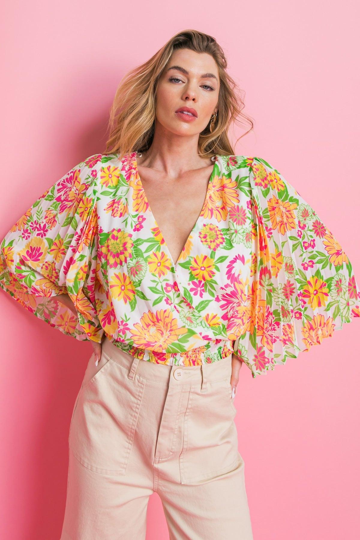 Fairy Vita Woven Top Surplice Neckline Pleated Bell Sleeves Smocked Waist Print