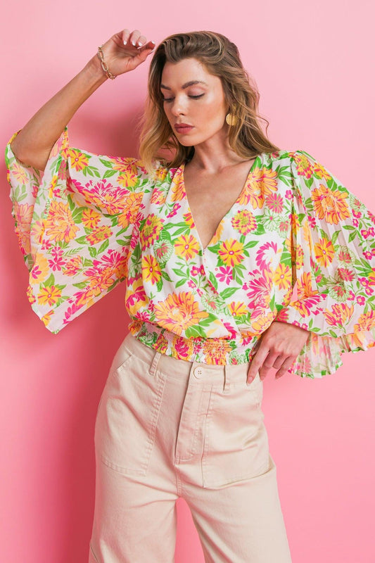 Fairy Vita Woven Top Surplice Neckline Pleated Bell Sleeves Smocked Waist Print