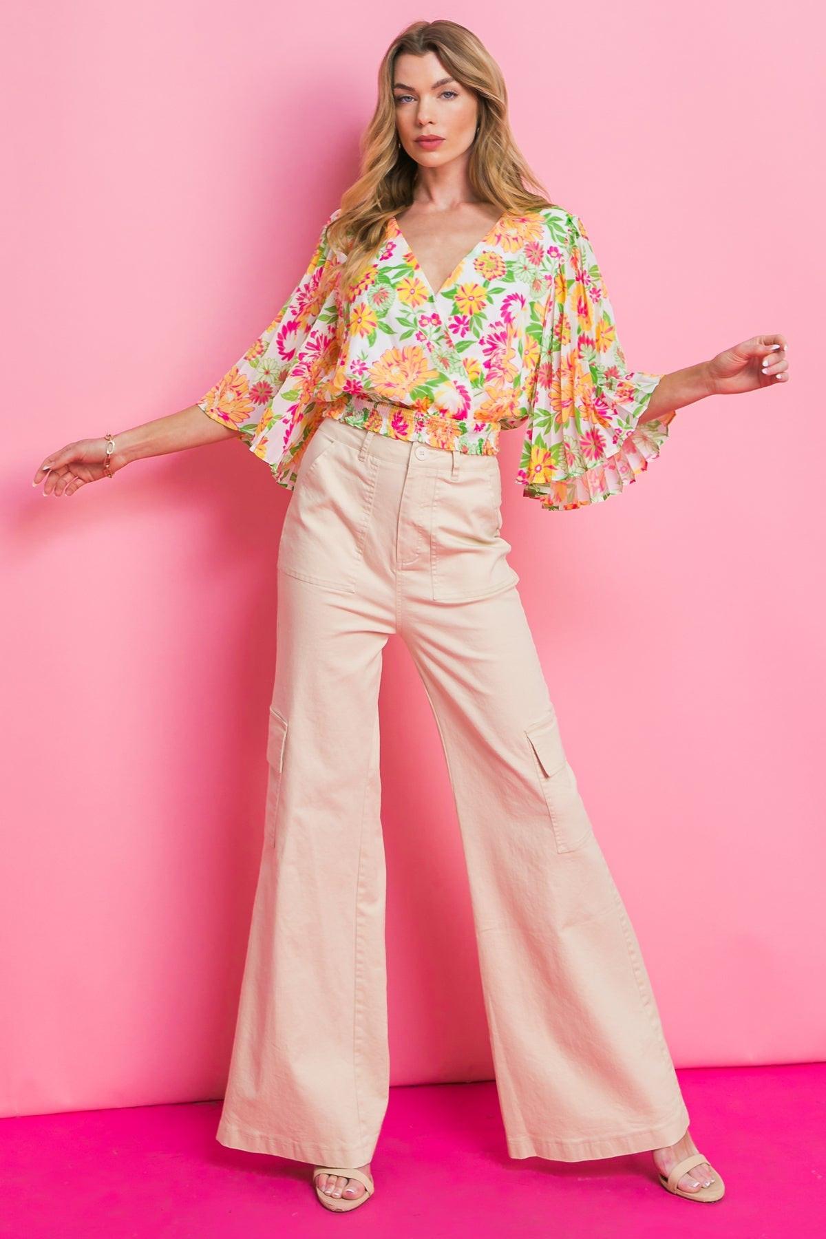 Fairy Vita Woven Top Surplice Neckline Pleated Bell Sleeves Smocked Waist Print