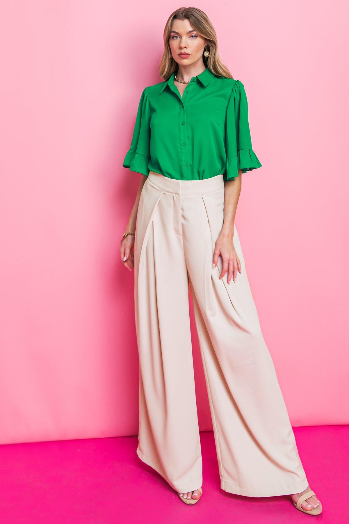 Back to Business Woven Top Shirt Collar Bell Sleeve Blouse For Work