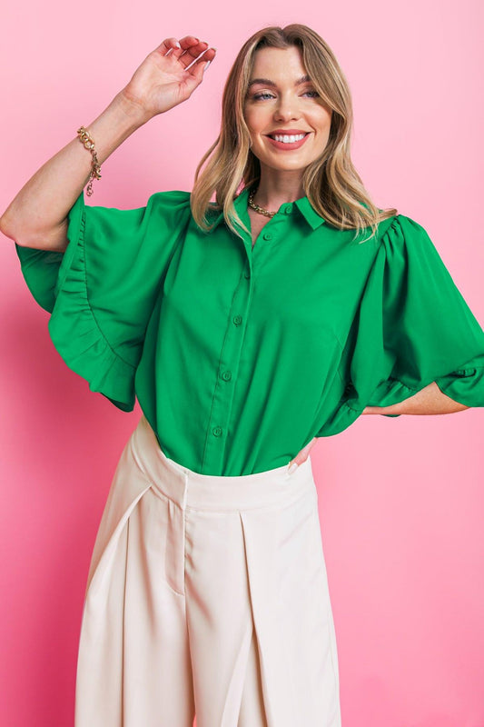 Back to Business Woven Top Shirt Collar Bell Sleeve Blouse For Work