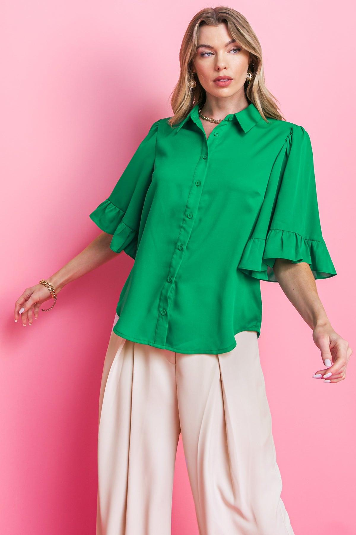 Back to Business Woven Top Shirt Collar Bell Sleeve Blouse For Work