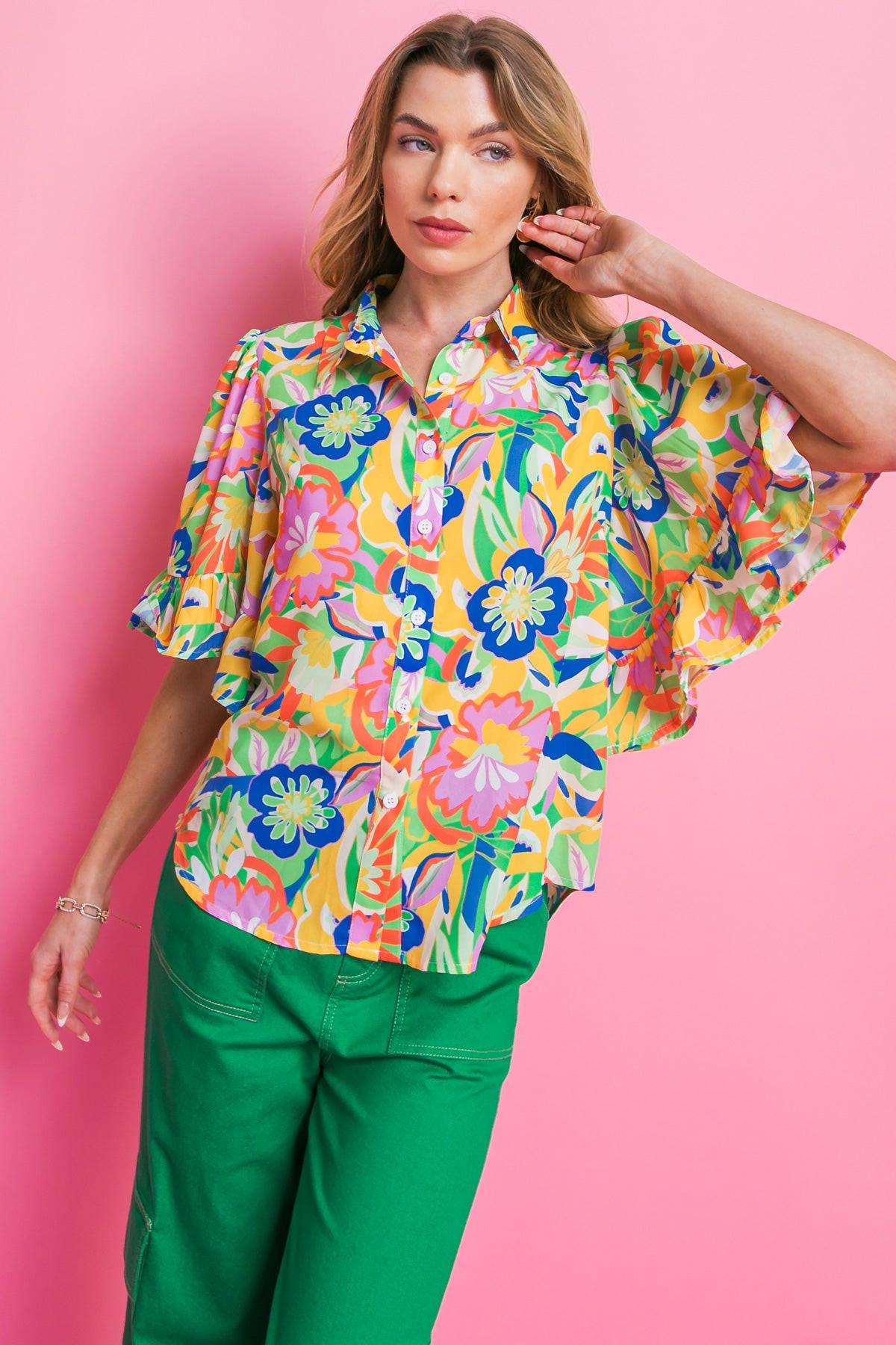 Ready to Get Away Woven Top with Short Sleeves and Ruffle Hem Polyester