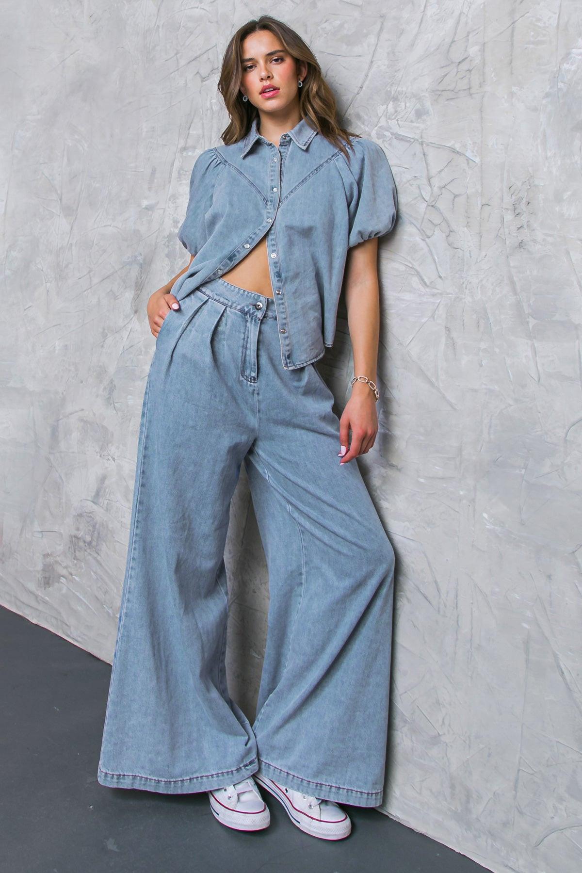 Always A Mood Denim Acid Wash Puff Sleeve Top With Shirt Collar