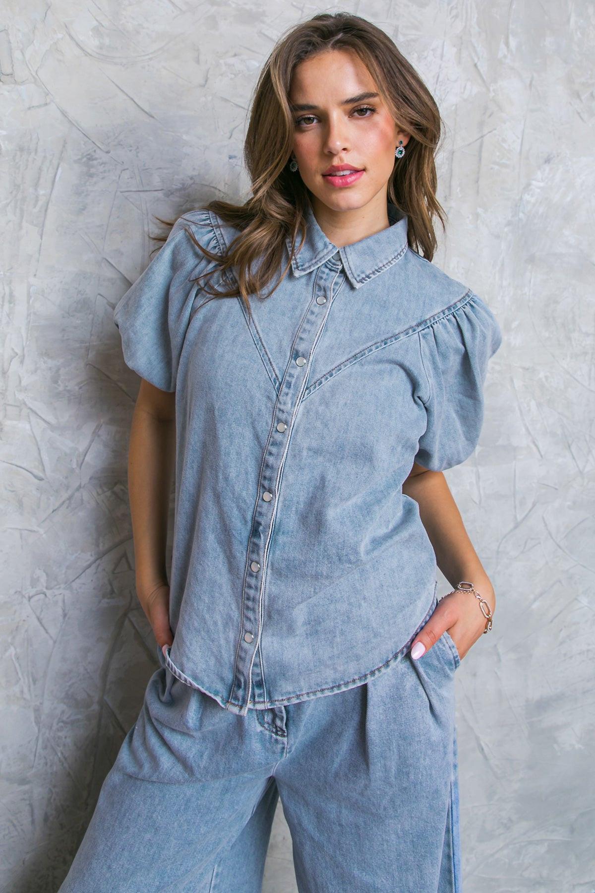 Always A Mood Denim Acid Wash Puff Sleeve Top With Shirt Collar