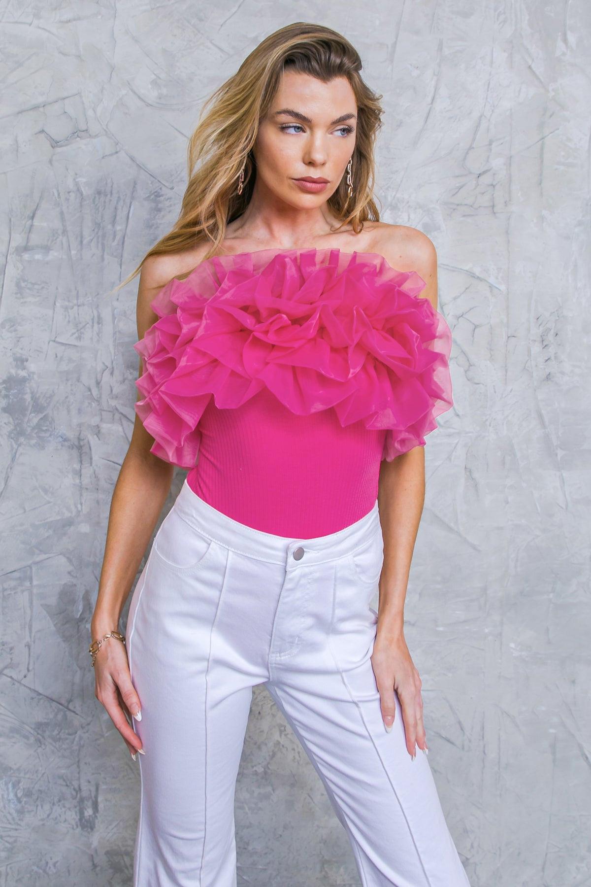 Time After Time Combination Bodysuit With Tulle Knit Strapless Ruffle