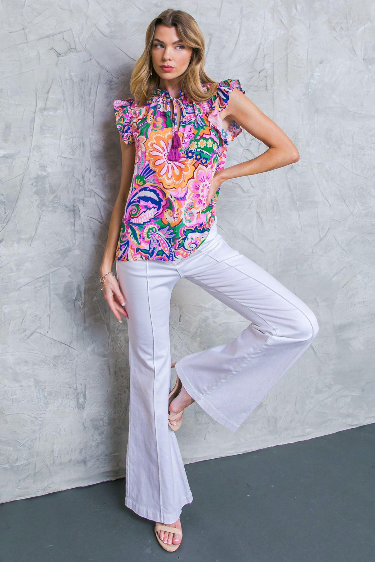 Daytime Dreams Woven Top With Round Neckline Ruffle Sleeves Front Tie Tassel
