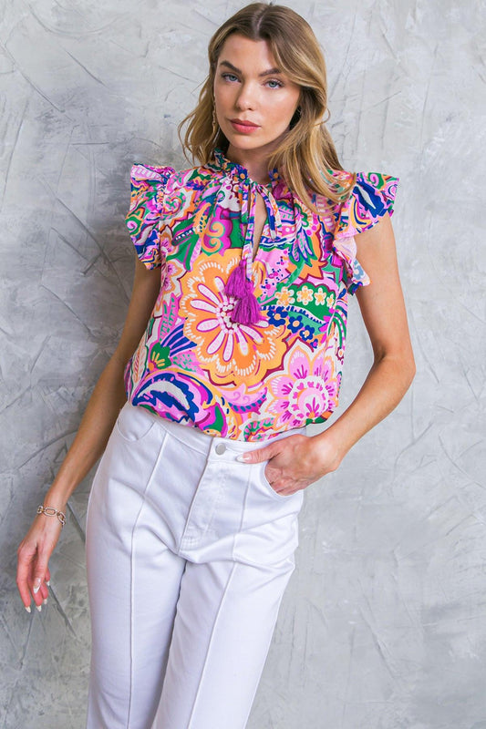 Daytime Dreams Woven Top With Round Neckline Ruffle Sleeves Front Tie Tassel