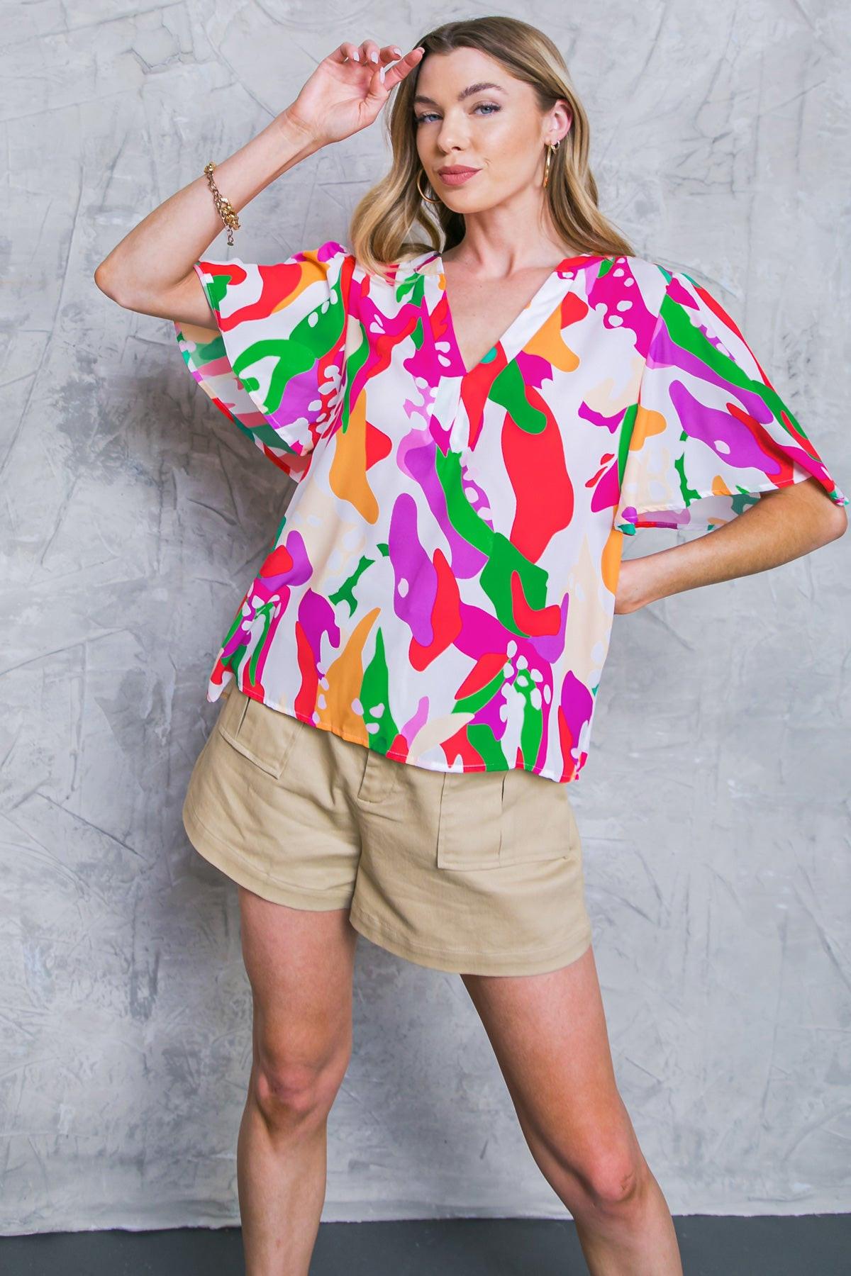 Stylish Summer Woven Top Round Neck With V Front Flutter Sleeves Polyester