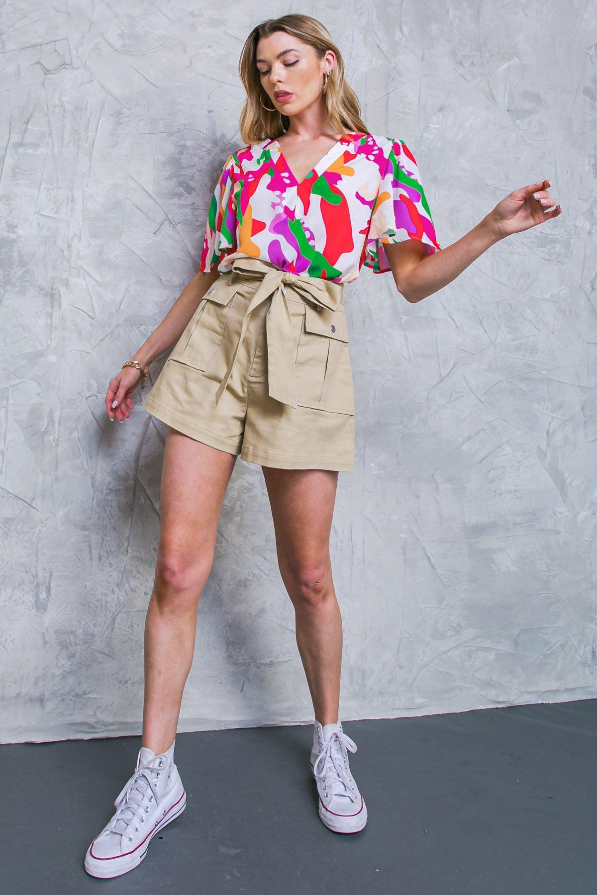 Stylish Summer Woven Top Round Neck With V Front Flutter Sleeves Polyester
