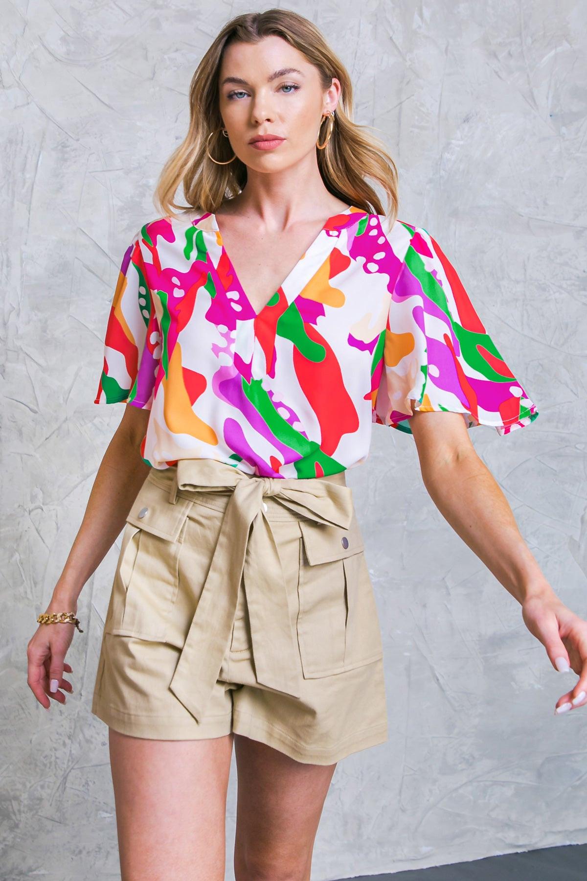 Stylish Summer Woven Top Round Neck With V Front Flutter Sleeves Polyester